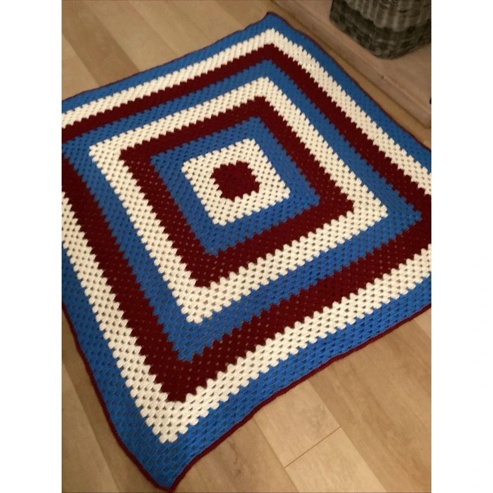 Handmade Afghan Crocheted Red White and Blue Patriotic Throw 56